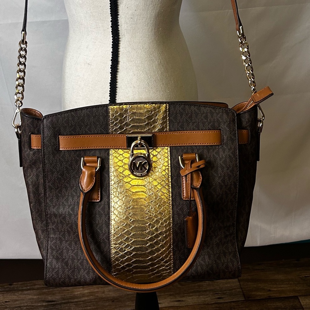 Michael Kors Brown and Gold Shoulder Bag with Chain Hardware